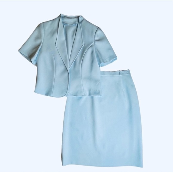 VINTAGE 70s 2-piece skirt SET baby blue matching skirtsuit minimalist workwear - Picture 10 of 10